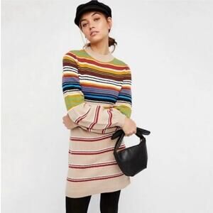 Free People By The Fire Wool Blend Rainbow Striped Knit Sweater Dress Size Med